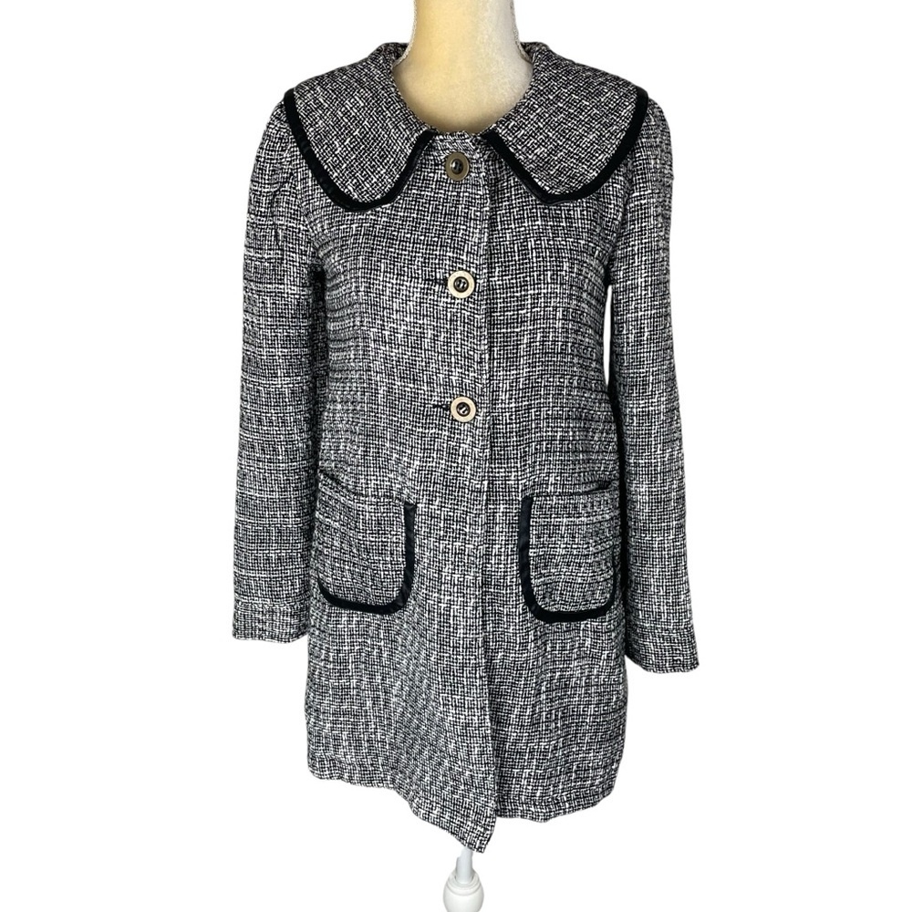 Tulle Anthropologie‎ Black White Tweed Lined Button Wool Jacket Coat Women Small